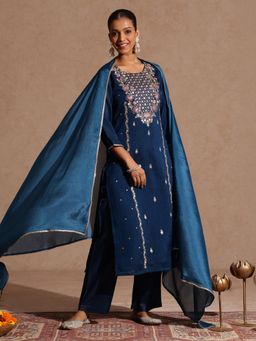Janasya - Womens Teal Blue Silk Blend Zari Embroidered Straight Kurta & Pant With Dupatta