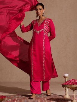 Janasya - Womens Pink Silk Blend Zari Embroidered Straight Kurta & Pant With Dupatta