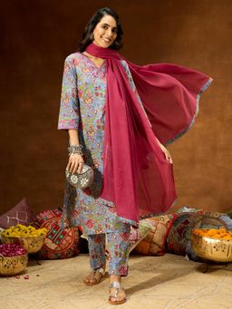 Janasya - Womens Blue Pure Cotton Floral Printed Straight Kurta & Pant With Dupatta