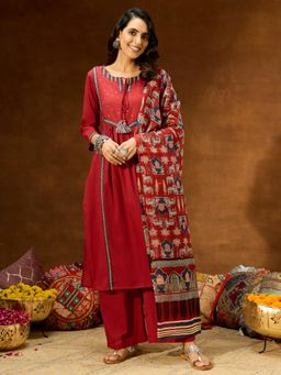 Janasya - Anekha Womens Maroon Pure Cotton Embellished Straight Kurta With Pant And Dupatta