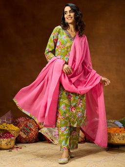 Janasya - Womens Green Pure Cotton Floral Printed Kurta With Pant And Dupatta