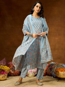 Janasya - Womens Light Blue Pure Cotton Floral Printed Straight Kurta & Pant With Dupatta