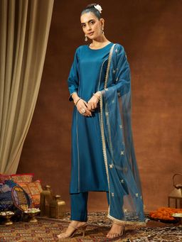 Janasya - Womens Teal Blue Chanderi Silk Straight Kurta & Pant With Dupatta
