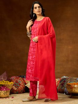 Janasya - Womens Pink Pure Cotton Floral Printed Straight Kurta & Pant With Dupatta