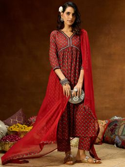 Janasya - Womens Maroon Pure Cotton Floral Printed A-Line Kurta & Pant With Dupatta