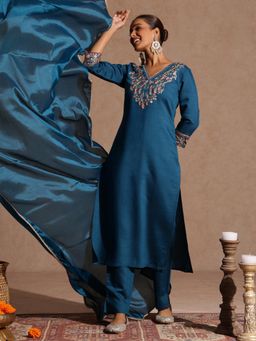 Janasya - Womens Teal Blue Silk Blend Yoke Embroidered Straight Kurta & Pant With Dupatta