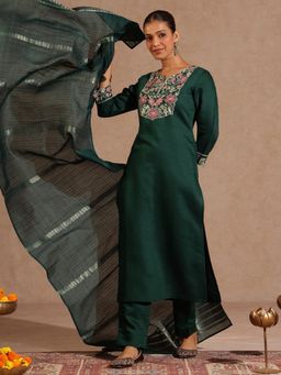 Janasya - Womens Bottle Green Silk Blend Yoke Embroidered Straight Kurta & Pant With Dupatta