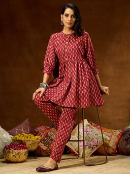 Janasya - Womens Maroon Pure Cotton Ethnic Motifs Printed Peplum Co-Ord Set