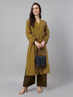 Janasya - Womens Mustard Pure Cotton Floral Printed Straight Kurta