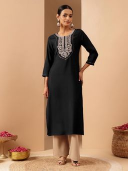 Janasya - Womens Black Chanderi Silk Yoke Embroidered Straight Kurta