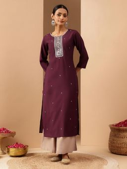 Janasya - Womens Wine Chanderi Silk Embroidered Straight Kurta
