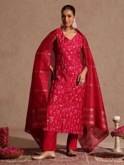 Janasya - Womens Pink Silk Blend Gold Printed Straight Kurta & Pant With Dupatta