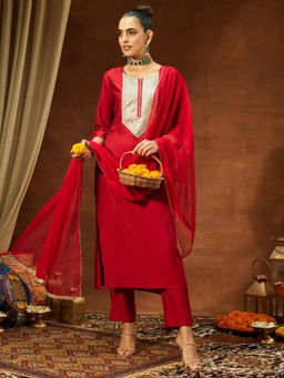 Janasya - Womens Maroon Silk Blend Embellished Straight Kurta & Pant With Dupatta