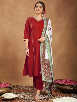 Janasya - Womens Red Pure Cotton Straight Kurta & Pant With Dupatta