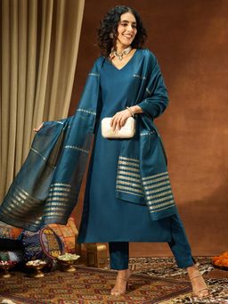 Janasya - Womens Teal Blue Cotton Blend Yoke Design Straight Kurta & Pant With Dupatta