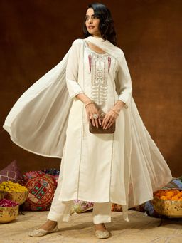 Janasya - Womens White Silk Blend Embroidered Straight Kurta & Pant With Dupatta