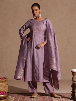 Janasya - Womens Lavender Silk Blend Straight Kurta & Pant With Dupatta