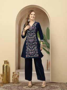 Stylum - Womens Blue Velvet A-Line Kurta & Pant