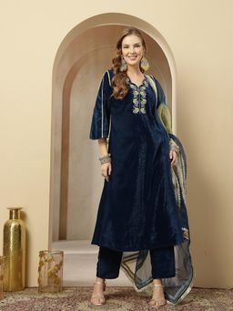 Stylum - Womens Blue Velvet A-Line Kurta & Pant With Dupatta
