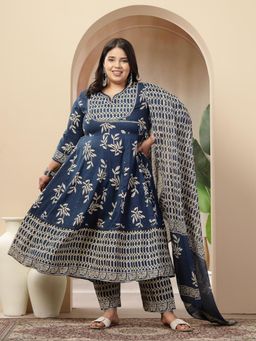 Stylum - Womens Plus Size Blue Floral Printed Cotton Anarkali Kurta & Pant With Dupatta