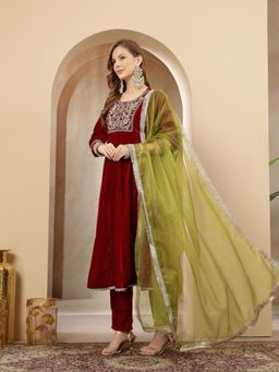 Stylum - Womens Red Velvet Anarkali Kurta & Pant With Dupatta