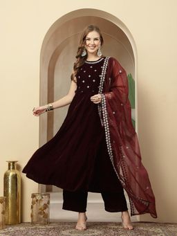 Stylum - Womens Wine Velvet Anarkali Kurta & Pant With Dupatta