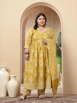 Stylum - Womens Plus Size Yellow Floral Printed Cotton Anarkali Kurta & Pant With Dupatta