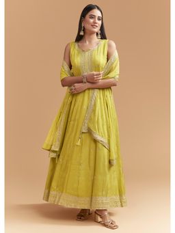 KALKI FASHION - Green Tissue Anarkali Kurta & Dupatta With Pant With Intricate Zari Work