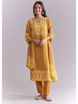 KALKI FASHION - Yellow Crepe Kurta & Pant With Dupatta With Indie Print And Moti Work