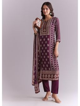 KALKI FASHION - Wine Crepe Kurta & Pant With Dupatta With Indie Print And Moti Work