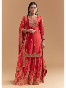 KALKI FASHION - Red Satin Kurta With Palazzo With Dupatta Heavy Hand Embroidery