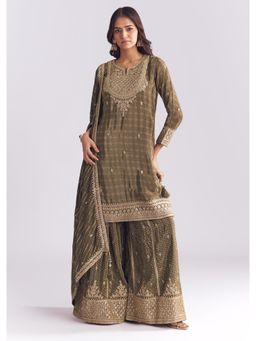 KALKI FASHION - Olive Crepe Bandhani Palazzo Kurta With Dupatta Zari And Sequins Work