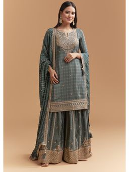 KALKI FASHION - Green Crepe Kurta & Palazzo Suit With Dupatta Hand Embroidery And Bandhani Print
