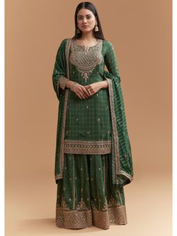 KALKI FASHION - Green Crepe Kurta & Palazzo With Dupatta Hand Embroidery And Bandhani Print