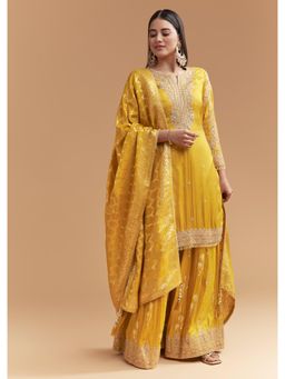 KALKI FASHION - Yellow Silk Kurta & Palazzo With Dupatta Hand Embroidery And Floral Print