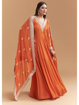 KALKI FASHION - Orange Chinon Anarkali Kurta With Dupatta Intricate Hand Embroidery