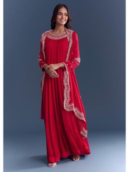 KALKI FASHION - Red Chinon Anarkali Kurta With Dupatta Cutdana And Sequins Embroidery