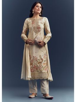 KALKI FASHION - Cream Tissue Kurta & Pant With Dupatta With Resham And Zardosi Work