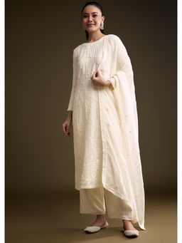 KALKI FASHION - Cream Organza Kurta & Pant With Dupatta With Resham And Moti Embroidery