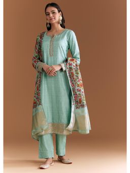 KALKI FASHION - Aqua Blue Silk Kurta & Pant With Dupatta With Kalamkari Floral Print Dupatta