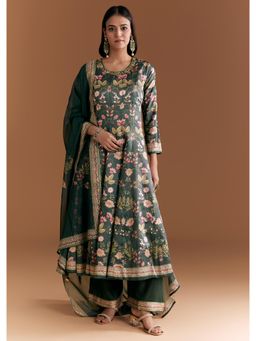 KALKI FASHION - Dark Green Silk Anarkali Kurta & Dupatta With Pant With Floral Print