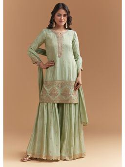 KALKI FASHION - Mint Green Tissue Sharara With Kurti & Dupatta With Beads And Sequins Work