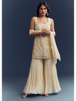 KALKI FASHION - Cream Georgette Sharara With Kurti & Dupatta With Moti And Thread Work