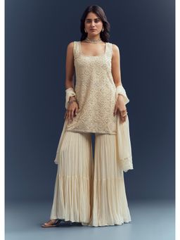 KALKI FASHION - Cream Georgette Sharara With Kurti & Dupatta With Moti And Thread Embroidery
