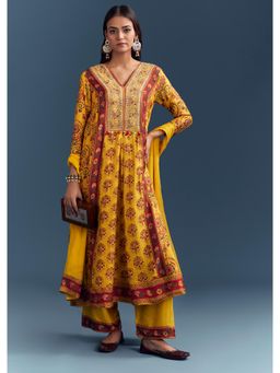 KALKI FASHION - Yellow Silk Anarkali Kurta & Dupatta With Pant With Floral Print Zari Embroidery