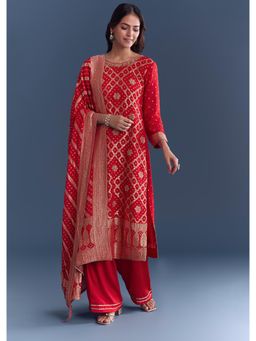 KALKI FASHION - Red Georgette Kurta & Pant With Dupatta With Bandhani Print And Jacquard Weave