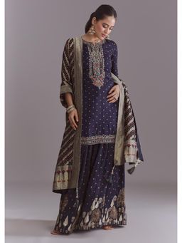KALKI FASHION - Navy Blue Silk Palazzo & Kurta With Embroidery Brocade Dupatta