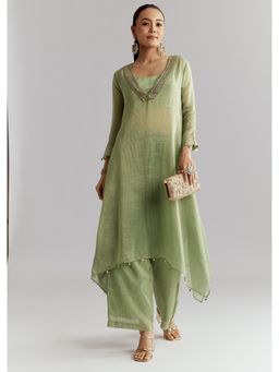 KALKI FASHION - Green Tissue Kurta & Crop Top With Pant Intricate Embroidery