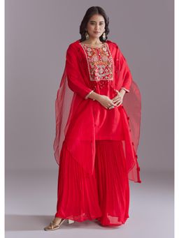 KALKI FASHION - Red Silk Sharara With Kurta Resham Work And Cape Dupatta