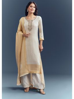 KALKI FASHION - Ivory Silk Kurta With Pant & Dupatta Jacquard Weave And Zardosi Work